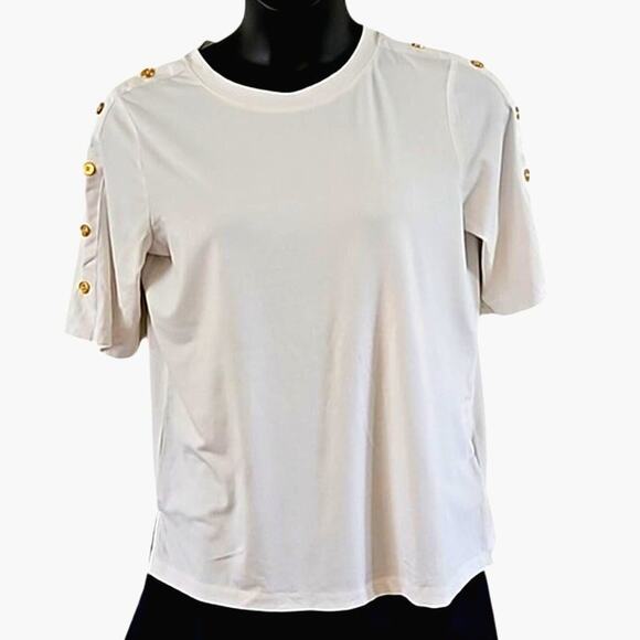 Martha Stewart Short Sleeve Top with Gold Button Shoulder Detail - Size Small - Picture 2 of 6